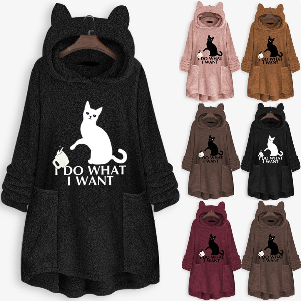 Long Sleeve Cat Print Hoodie with Irregular Hem