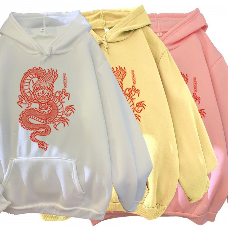 Candy Color Couple Hoodies with Dragon Print Design