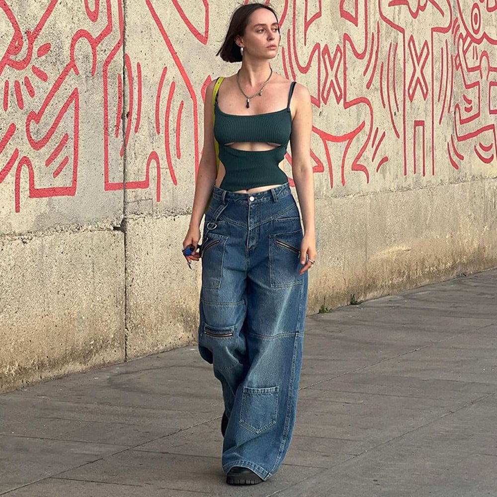 Heavy Zipper Cargo Jeans for Women