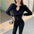 Black Short Knit Sweater with Chain Detail for Women