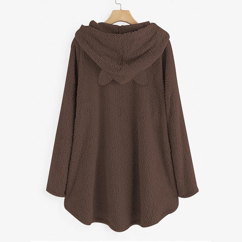 Long Sleeve Cat Print Hoodie with Irregular Hem