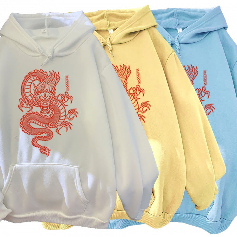 Candy Color Couple Hoodies with Dragon Print Design