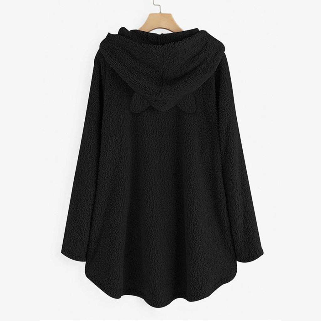 Long Sleeve Cat Print Hoodie with Irregular Hem