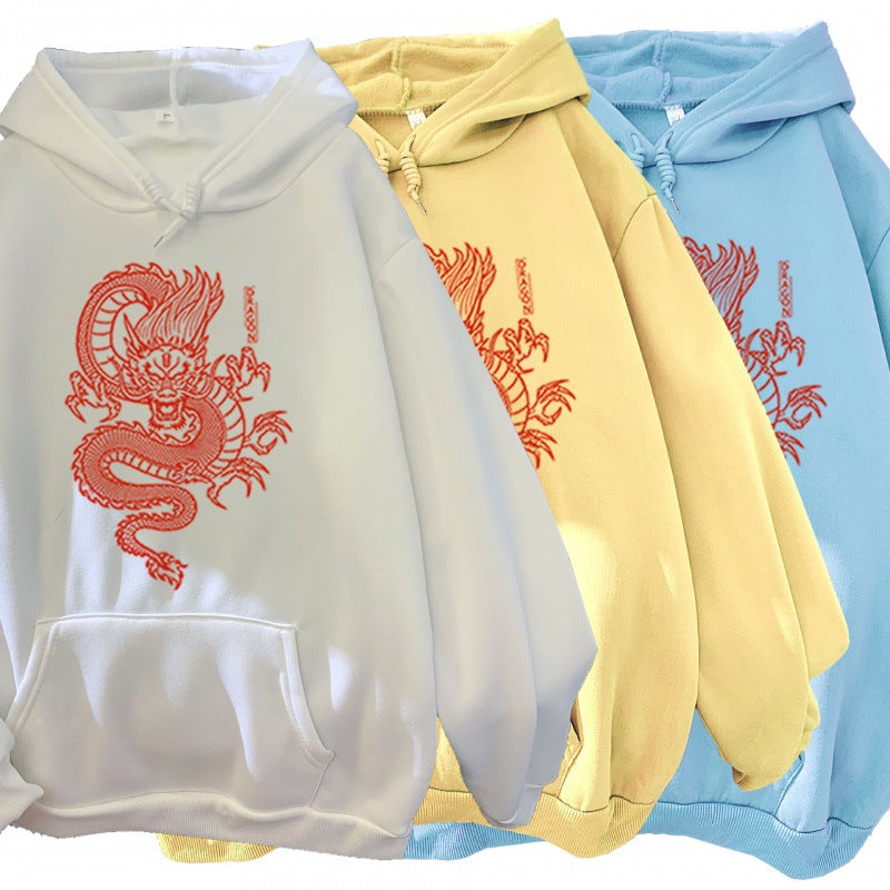 Candy Color Couple Hoodies with Dragon Print Design
